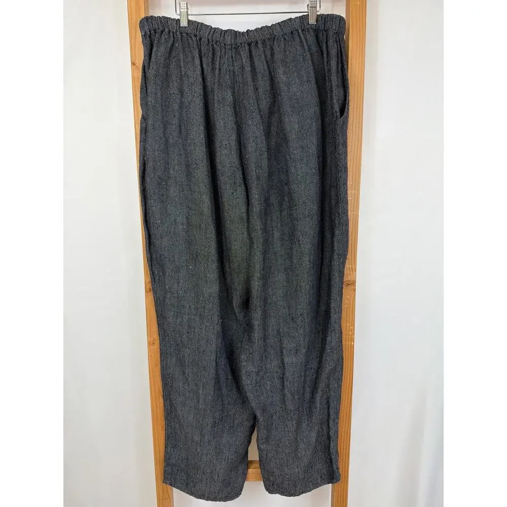 Flax Black Gray Elastic Waist Front Pockets Linen Lagenlook Pants Lithuania 3X - Picture 5 of 7